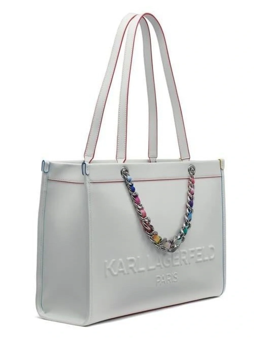 Karl Lagerfeld Large White Leather Carry-All Tote Laptop Purse Bag Rainbow Chain